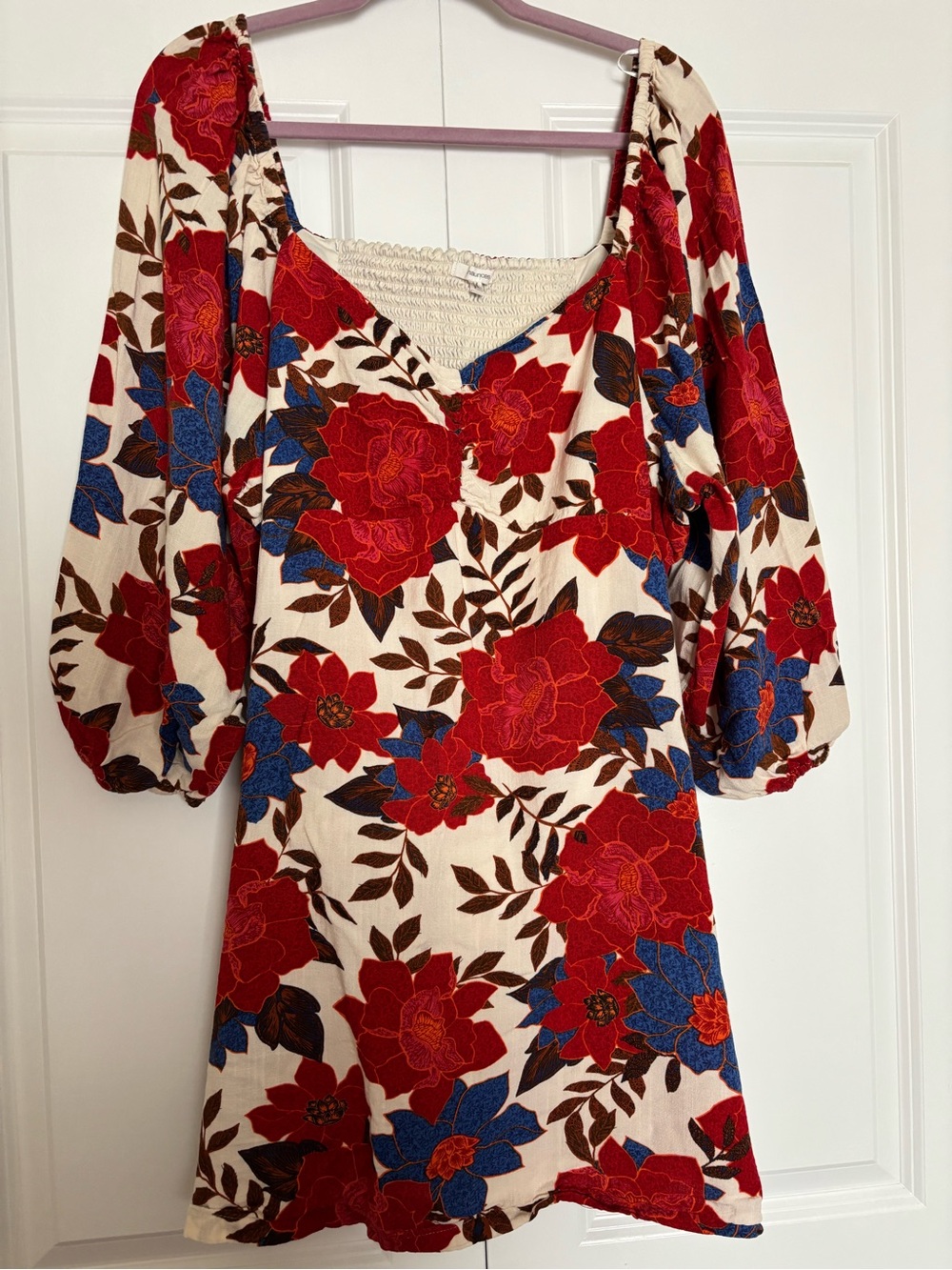 Maurices Red and Blue Floral Puff-Sleeve Mini Dress